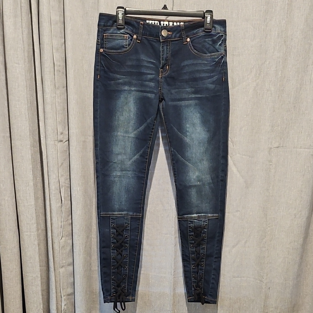 VIP Blue Skinny Stretch Jeans with Faded Vintage Look Lace Tie Detail
